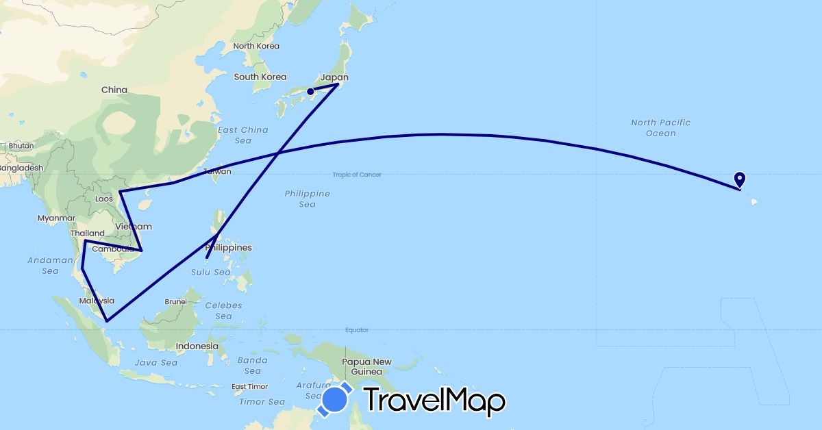TravelMap itinerary: driving in China, Japan, Philippines, Singapore, Thailand, United States, Vietnam (Asia, North America)